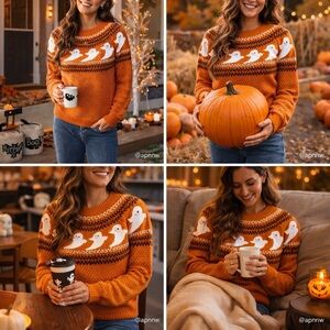 Womens Halloween Sweater Ghost Print Orange Knit Pullover Top Fall Winter